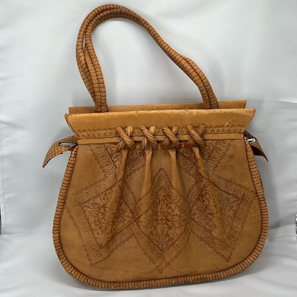 Vintage 1970s Tooled Brown Leather Handbag Purse